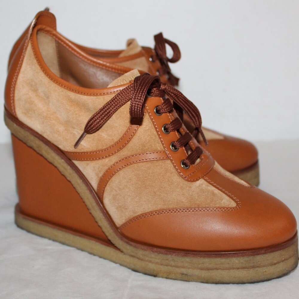 Celine Wedge Lace Up Pumps Loafers Manon Suede Leather 40 - Picture 4 of 9